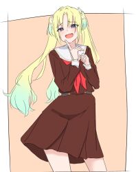 Rule 34 | 1girl, blonde hair, blue eyes, blue hair, border, brown dress, cowboy shot, curtained hair, dress, fang, gradient hair, highres, index finger raised, link! like! love live!, long sleeves, looking at viewer, love live!, mesugaki, multicolored hair, neckerchief, orange background, osawa rurino, parted bangs, pleated dress, potu sabu, raised inner eyebrows, red neckerchief, sailor collar, sailor dress, simple background, skin fang, solo, virtual youtuber, white border, white sailor collar, winter uniform