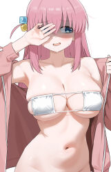 Rule 34 | 1girl, absurdres, armpits, bare shoulders, bikini, blue eyes, blush, bocchi the rock!, bottomless, breasts, commentary, covering one eye, cube hair ornament, eyepatch bikini, gotoh hitori, hair between eyes, hair ornament, highres, jacket, large breasts, long hair, long sleeves, navel, one side up, open clothes, open jacket, open mouth, opened by self, partially shaded face, pink hair, pink jacket, shenqi xiaohuang, simple background, skindentation, solo, stomach, swimsuit, upper body, white background, white bikini