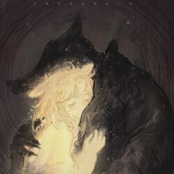 1boy 1girl animal_ears artist_name black_coat blonde_hair brown_background claws closed_eyes coat furry furry_male furry_with_non-furry highres hug interspecies lao_ren_qiu light_blush light_particles long_sleeves original rabbit_ears rabbit_girl shirt short_hair snout watermark wolf_boy wolf_ears yellow_shirt