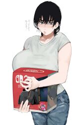 1girl black_hair breasts chainsaw_man commentary_request denim game_console handheld_game_console highres holding holding_handheld_game_console huge_breasts jeans long_hair low_twintails mitaka_asa nintendo_switch pants simple_background solo sweat translation_request twintails unipiano white_background