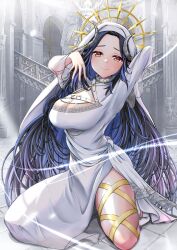 1girl arm_behind_head belt black_hair blush breasts brown_eyes chest_belt cleavage closed_mouth coif column commentary_request curled_horns demon_girl demon_horns dress full_body grey_horns halo halo_behind_head hebiyoi_tier hebiyoi_tier_(2nd_costume) horns indoors koutamaru large_breasts leg_ribbon long_hair long_sleeves looking_at_viewer multicolored_hair nanashi_inc. nun photo_background pillar ribbon side_slit sitting smile solo spiked_halo statue two-tone_hair virtual_youtuber wariza white_belt white_coif white_dress yellow_halo yellow_ribbon