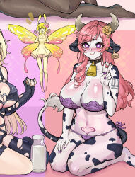 3girls animal_ears animal_print bell blonde_hair blush bottle bra breasts cleavage colored_skin cow_ears cow_girl cow_horns cow_print cow_tail cowbell dresslooking_at_viewer ear_tag elbow_gloves fairy fairy_wings fingerless_gloves flower gloves hair_flower hair_ornament heart highres horns large_breasts long_hair milk_bottle multiple_girls navel neck_bell original panties pink_hair pubic_tattoo purple_eyes sitting smile tail tattoo thighhighs tiyuanpoli torn_clothes underwear v wings