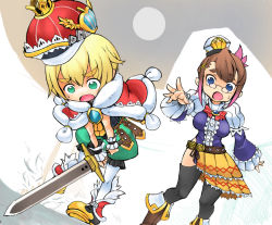 1boy 1girl ario blonde_hair blue_eyes brown_hair chime clavat crown final_fantasy final_fantasy_crystal_chronicles final_fantasy_crystal_chronicles:_my_life_as_a_king glasses green_hair king king_leo multicolored_hair selkie sword thighhighs two-tone_hair weapon