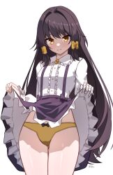 1girl absurdres bow bow_panties clothes_lift commission enjel hair_bow highres lifting_own_clothes long_hair looking_at_viewer panties petite pocket_mirror simple_background skirt skirt_lift solo suspender_skirt suspenders underwear very_long_hair white_background x_xith_x yellow_bow yellow_eyes yellow_panties
