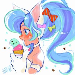1girl animal_ears arm_up blue_eyes blue_hair blush bow cat_ears cat_girl commentary darkstalkers dated fang felicia_(darkstalkers) fingernails food hair_bow holding holding_food holding_ice_cream_cone ice_cream ice_cream_cone long_hair looking_at_food misodiru open_mouth ponytail profile sharp_fingernails shirt simple_background single_bare_shoulder solo star_(symbol) upper_body white_background white_shirt