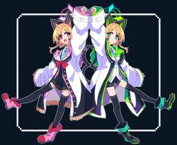 2girls absurdres animal_ear_headphones animal_ears aqua_necktie arm_up black_background black_boots black_shorts black_skirt black_tail black_thighhighs blonde_hair blue_archive blunt_bangs blunt_ends blush boots border bow bright_pupils buttons cat_ear_headphones cat_ears cat_tail clenched_hand closed_mouth collared_shirt commentary dot_nose fake_animal_ears fake_tail floating_hair frilled_jacket frilled_skirt frills full_body green_bow green_eyes green_halo green_jacket hair_bow halo headphones high-waist_skirt highres hood hood_down hooded_jacket inset_border jacket leg_up long_sleeves looking_at_another looking_to_the_side low-tied_sidelocks medium_hair midori_(blue_archive) momoi_(blue_archive) multicolored_boots multicolored_jacket multiple_girls necktie off_shoulder open_clothes open_jacket open_mouth outline outside_border parted_bangs pink_boots pink_halo pink_jacket pleated_skirt raised_fist red_bow red_eyes school_uniform shirt short_shorts shorts siblings sidelocks simple_background sisters skirt sleeve_cuffs smile sparkling_eyes standing standing_on_one_leg suspender_skirt suspenders suzshilo symmetry tail tail_raised teeth thighhighs thighhighs_under_boots twins two-sided_fabric two-sided_jacket two-tone_boots untucked_shirt upper_teeth_only v-shaped_eyebrows white_border white_jacket white_outline white_shirt wide_sleeves zettai_ryouiki