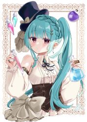 1girl bare_shoulders black_hat blue_hair blue_ribbon braid breasts brooch closed_mouth collared_shirt commentary_request detached_sleeves erlenmeyer_flask flask hat highres holding jewelry long_hair long_sleeves looking_at_viewer nail_polish neck_ribbon original puffy_long_sleeves puffy_sleeves red_eyes ribbon rino_cnc round-bottom_flask shirt sleeveless sleeveless_shirt small_breasts solo tilted_headwear top_hat twintails very_long_hair vial white_shirt white_sleeves