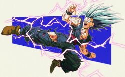 Rule 34 | 1boy, bure (fantasticyouth7), dougi, dragon ball, dragon ball super, dragon ball super super hero, electricity, full body, gohan beast, grey hair, highres, kicking, large pectorals, long bangs, long hair, looking to the side, male focus, muscular, muscular male, open mouth, pectorals, red eyes, simple background, solo, son gohan, spiked hair, teeth, torn clothes, wristband