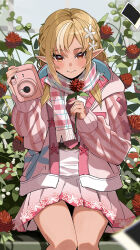1girl absurdres blonde_hair blush camera cardigan closed_mouth flower hair_flower hair_ornament haru_yu highres holding holding_camera hololive hood hood_down hooded_cardigan long_hair long_sleeves looking_at_viewer miniskirt open_cardigan open_clothes pink_cardigan plaid_clothes plaid_scarf pleated_skirt pointy_ears red_eyes scarf shiranui_flare sitting skirt smile solo striped_cardigan virtual_youtuber white_flower white_skirt