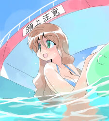 1girl bikini blue_bikini breasts brown_hair cleavage collarbone from_side green_eyes highres masuki open_mouth original partially_submerged pool solo swimsuit water
