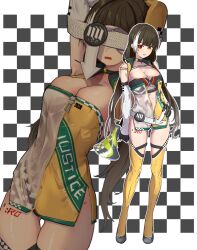 1girl absurdres armpits arms_behind_head arms_up black_choker black_panties breasts character_request choker girls&#039;_frontline girls&#039;_frontline_2:_exilium highleg highleg_panties highres holding holding_megaphone large_breasts leg_tattoo lotan megaphone panties race_queen tagme tattoo thighhighs underwear yellow_thighhighs zipper