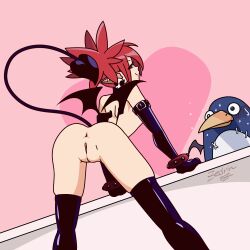 1girl 1other animated animated_gif anus ass ass_shake bent_over black_gloves black_thighhighs bracelet breasts closed_mouth dancing demon_girl demon_tail demon_wings disgaea earrings elbow_gloves etna_(disgaea) from_behind functionally_nude gloves heart jewelry latex latex_gloves latex_legwear looking_back makai_senki_disgaea matching_hair/eyes nipples pink_background pointy_ears prinny pussy red_eyes red_hair short_twintails skull_earrings small_breasts smile smug spread_legs standing tail thighhighs twintails uncensored wings zedrin