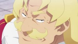 1boy alexei_barnes_aldarp anime_coloring anime_screenshot blonde_hair close-up evil_smile facial_hair from_above kono_subarashii_sekai_ni_shukufuku_wo! mustache non-web_source official_style old old_man smile