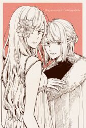 2girls axis_powers_hetalia border braid ca_lamari cloak czech_republic_(hetalia) dress flower flower_over_eye fur-trimmed_cloak fur_trim greyscale_with_colored_background half_up_braid highres hungary_(hetalia) long_hair looking_at_viewer looking_back multiple_girls orange_background short_hair simple_background turtleneck white_border