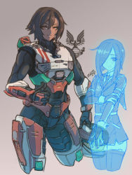 Rule 34 | 1boy, 1girl, armor, bodysuit, brown eyes, brown hair, character request, commentary, cowboy shot, cropped legs, dark skin, dated, english commentary, formal clothes, gradient background, grey background, hair over one eye, halo (game), halo (series), halo infinite, helmet, highres, holding, hologram, long hair, looking at viewer, muscular, muscular female, power armor, scar, scar across eye, scar on face, science fiction, short hair, shorts, signature, smile, suit, thighhighs, thumbs up, transparent, trap, unworn headwear, unworn helmet, zhvo