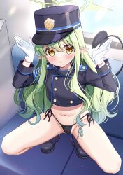 Rule 34 | 1girl, absurdres, armband, bikini, bikini bottom only, black bikini, black hat, black jacket, black shoes, blue archive, blue armband, commentary request, cropped jacket, demon girl, demon tail, earrings, gloves, green hair, green halo, halo, hat, highres, hikari (blue archive), jacket, jewelry, kazekami chino, long hair, long sleeves, looking at viewer, navel, open mouth, peaked cap, pointy ears, shoes, side-tie bikini bottom, single earring, solo, spread legs, squatting, swimsuit, tail, train interior, white gloves, yellow eyes