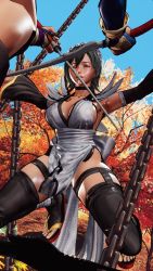 2girls 3d black_hair black_leotard blue_sky breasts curvy forced highres holding holding_weapon indoors iroha_(samurai_spirits) large_breasts leotard maid maid_headdress moaning multiple_girls ryona samurai_spirits screencap shiki_(samurai_spirits) shiny_skin short_hair sideboob sky thick_eyebrows thighhighs thighs third-party_edit weapon wide_hips