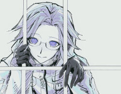 Rule 34 | 1boy, absurdres, aotsuki eito, black gloves, breast pocket, chinese commentary, colored skin, glasses, gloves, grey hair, highres, holding bars, iron bars, jacket, looking at viewer, male focus, pocket, purple eyes, short hair, simple background, solo, the hundred line -last defense academy-, white jacket, white skin, xlingshix