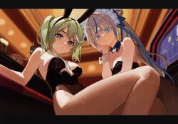 Rule 34 | 2girls, absurdres, animal ear hairband, animal ears, aokumo rin, apron, bar (place), black hairband, black leotard, black pantyhose, blue eyes, blue ribbon, blurry, blurry background, blush, breasts, cleavage, closed mouth, collar, crossed bangs, depth of field, detached collar, fake animal ears, green eyes, green hair, grey hair, grey ribbon, hair ribbon, hairband, hashtag-only commentary, highres, indoors, leotard, letterboxed, long hair, looking at viewer, maid headdress, medium breasts, multicolored eyes, multiple girls, neck ribbon, one side up, pantyhose, parted bangs, parted lips, playboy bunny, purple eyes, rabbit ear hairband, rabbit ears, ribbon, sitting, stellive, virtual youtuber, white collar, white wrist cuffs, wrist cuffs, yeoun, yuzuha riko