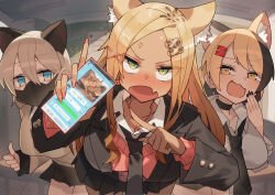 3girls absurdres anger_vein animal_ear_fluff animal_ears bengal_cat-chan_(katsu) black_choker black_hair black_jacket black_nails black_necktie blonde_hair blue_eyes calico_cat-chan_(katsu) cat_ears cat_girl cellphone chat_log choker collared_shirt green_eyes grey_hair highres holding holding_phone jacket katsu_(katsupainter) long_hair mask mouth_mask multiple_girls nail_polish necktie original phone pink_nails pink_sweater pov school_uniform shirt short_hair siamese_cat-chan_(katsu) smartphone sweater thumbs_up white_shirt yellow_eyes yellow_sweater