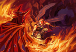 1990s_(style) 2boys battle cape cave dual_wielding edward_geraldine final_fantasy final_fantasy_iv fire holding horns katana kneeling male_focus multiple_boys rubicante scarf sword weapon