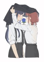 2girls awa_subaru black_hair black_jacket black_necktie black_pants blue_eyes blue_flower blue_rose blush brown_hair commentary ear_piercing fafayu flower girls_band_cry highres holding holding_flower improvised_umbrella iseri_nina jacket long_hair low_twintails multiple_girls necktie pants parted_lips piercing purple_eyes rose shirt short_hair short_twintails side_ponytail sidelocks smile suspenders twintails wet wet_clothes wet_shirt white_shirt yuri
