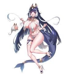 Rule 34 | 1girl, absurdres, ancient egyptian clothes, animal ears, ankh, belt, black eyes, black hair, body markings, bracelet, breast curtains, breasts, cetacean tail, character name, facial mark, fang, fins, fish tail, gold bracelet, gold collar, hair ornament, heart, high heels, highres, indie virtual youtuber, jewelry, large breasts, long hair, open mouth, orca girl, pellpt, pelvic curtain, shoes, shylily, solo, tail, thigh belt, thigh strap, virtual youtuber, white background, white hair, white shoes