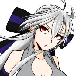 1girl ahoge bare_shoulders black_bow blue_bow bow breasts cleavage collarbone collared_shirt commentary_request eyelashes grey_hair grey_shirt hair_between_eyes hair_bow large_breasts long_eyelashes long_hair low_ponytail open_mouth pink_lips ponytail red_eyes shirt simple_background smith_hioka solo two-tone_bow upper_body v-shaped_eyebrows vocaloid white_background yowane_haku