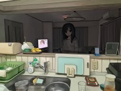 1girl banana black_eyes black_hair bottle bowl ceiling_light cup curtains cutting_board electrical_outlet faucet food fruit highres indoors long_hair long_sleeves looking_at_viewer melon obon_(ensoku_300en) original parted_lips sink soap_dispenser solo sponge television wide_shot