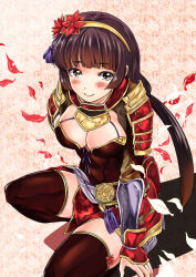 armor black_hair blush boots breasts brown_eyes cleavage ii_naotora kneeling large_breasts long_hair petals red_thighhighs sengoku_musou smile thighhighs thighs twintails