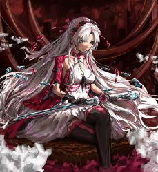 1girl aqua_eyes arkilide black_boots black_gloves boots bow breasts carlotta_(wuthering_waves) closed_mouth commentary crossed_legs crystal dress earrings gloves gun hair_bow hair_spread_out hairband highres jacket jewelry long_hair looking_at_object medium_breasts pink_bow pink_hairband pink_jacket pink_thighhighs rifle sitting solo striped_bow thigh_boots thighhighs thighhighs_under_boots very_long_hair weapon white_dress white_hair wuthering_waves