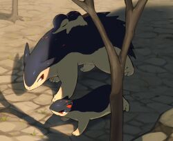 animal_focus bare_tree blue_fur colored_skin cyndaquil dorobo_93 evolutionary_line gen_2_pokemon highres nintendo no_humans outdoors pokemon pokemon_(creature) quilava red_eyes shadow tree typhlosion yellow_skin