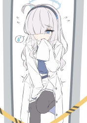 1girl absurdres ahoge blue_archive blue_eyes blush commentary_request grey_hair hair_ornament halo have_to_pee heavy_breathing highres lab_coat looking_at_viewer millennium_science_school_student_b_(blue_archive) mizusaki_(kn27) pantyhose scene_reference school_uniform solo sweat tears trapped white_background