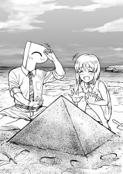 1boy 1girl beach blush closed_eyes commentary_request day greyscale hagiwara_yukiho highres idolmaster idolmaster_(classic) kneeling monochrome necktie open_mouth outdoors p-head_producer producer_(idolmaster) pyramid_(structure) sand short_hair sitting sleeveless smile tsurui