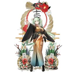 1girl bamboo black_bow black_haori black_hat blush boots bow breasts brown_boots bullet_hole cleavage closed_mouth floral_print floral_print_kimono flower full_body girls&#039;_frontline green_eyes green_hair hair_between_eyes hair_ribbon hand_on_own_hip haori hat highres japanese_clothes kadomatsu kimono lace-up_boots large_breasts long_hair long_sleeves looking_at_viewer magazine_(weapon) micro_uzi_(girls&#039;_frontline) micro_uzi_(new_maple_silhouette)_(girls&#039;_frontline) obi official_alternate_costume official_art outstretched_arm pouch print_kimono red_flower red_ribbon renlili ribbon sash scarf shell_casing simple_background smile solo sparkle standing third-party_source translation_request transparent_background twintails v very_long_hair white_scarf yellow_kimono yellow_sash