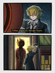 1girl 1other 4indroid black_coat blonde_hair carried_away clock closed_eyes coat collared_shirt dante_(limbus_company) don_quixote_(project_moon) english_text fire highres holding holding_hose hose lapels limbus_company long_sleeves mephistopheles_(project_moon) necktie notched_lapels object_head parody parted_lips project_moon rain red_necktie shirt short_hair white_shirt