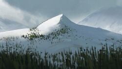 cambocreation cloud cloudy_sky forest landscape mountain mountainous_horizon nature no_humans original painterly scenery sky snow tree watermark winter