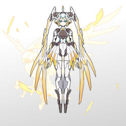 1girl absurdly_long_hair absurdres arms_at_sides bingshan bird blue_eyes breasts colored_skin commentary_request flat_color full_body gradient_background grey_background hair_wings highres joints large_breasts long_hair long_legs looking_at_viewer navel no_feet non-humanoid_robot original robot robot_animal robot_girl robot_joints smile solo standing straight-on twintails very_long_hair white_background white_skin wings