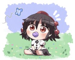 1girl aged_down baby barefoot black_hair black_ribbon black_skirt blush bug butterfly buttons chibi chibi_only collared_shirt commentary_request frilled_skirt frills full_body hat insect neck_ribbon notice_lines pacifier pom_pom_(clothes) puffy_short_sleeves puffy_sleeves red_eyes red_hat ribbon ribbon-trimmed_shirt ribbon_trim rokugou_daisuke shameimaru_aya shirt short_hair short_sleeves signature sitting skirt solo tokin_hat touhou white_shirt
