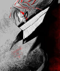 1boy black_jacket commentary_request dandadan facial_hair from_side glasses gradient_background highres jacket male_focus mask mouth_mask profile red_eyes round_eyewear serious short_hair signature solo spot_color takakura_ken_(dandadan) takakura_ken_(transformed)_(dandadan) transformation upper_body yuuri_(fukuroudou)