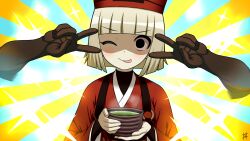1girl black_eyes blunt_bangs blush breasts cup double_v emotional_engine_-_full_drive fate/grand_order fate_(series) ghost_hands grey_hair guriguri_(arayotto4351) hat highres japanese_clothes kimono long_sleeves looking_at_viewer one_eye_closed red_hat red_kimono sen_no_rikyu_(fate) sen_no_rikyu_(first_ascension)_(fate) shaded_face short_hair small_breasts smile solo sparkle sunburst sunburst_background tea tongue tongue_out v wide_sleeves