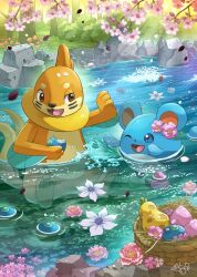 basket berry_(pokemon) buizel cherry_blossoms closed_eyes commentary day flower food fruit gen_2_pokemon gen_4_pokemon highres holding holding_food holding_fruit in_water marill nintendo no_humans one_eye_closed open_mouth oran_berry outdoors pecha_berry pink_flower pokemon pokemon_(creature) river rock sitrus_berry water white_flower yamaori_(hakkentai_pokedan)