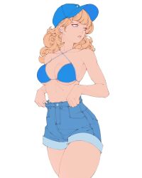 1girl adjusting_clothes adjusting_shorts bare_shoulders bikini blonde_hair blue_bikini blue_hat blue_shorts breasts cleavage collarbone cowboy_shot elliemaplefox green_eyes hat highres long_hair looking_to_the_side medium_breasts original parted_lips shorts simple_background skindentation solo spot_color swimsuit underboob white_background