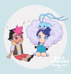 1boy 1girl altaria black_hair black_shirt black_shoes blue_eyes bracelet brown_vest chibi closed_mouth commentary_request gen_3_pokemon hair_bun hair_ornament hairclip highres jewelry liko_(pokemon) multicolored_hair musical_note nintendo on_head open_clothes open_vest pink_hair pokemon pokemon_(anime) pokemon_(creature) pokemon_horizons pokemon_on_head red_shorts rei_hinketsu roy_(pokemon) shirt shoes short_hair short_sleeves shorts sitting smile swept_bangs t-shirt two-tone_hair vest watermark