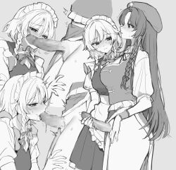 1futa 1girl apron blush bow bowtie braid braided_sidelock breasts censored cum dress embodiment_of_scarlet_devil erection frills futa_with_female futanari green_bow green_bowtie green_hat green_vest hair_bow hat hat_ornament highres hong_meiling izayoi_sakuya large_breasts large_penis long_hair maid maid_apron maid_headdress medium_breasts no_testicles open_mouth penis precum puffy_short_sleeves puffy_sleeves sarukana shirt short_hair short_sleeves side_braids simple_background smile star_(symbol) star_hat_ornament touhou twin_braids veins veiny_penis vest white_background white_headdress white_shirt yuri