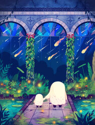 arboretum botanical_garden bridge ellievsbear flower ghost ghost_costume grass highres holding_hands indoors leaf light_particles lily_pad meteor meteor_shower original plant red_flower water wide_shot window