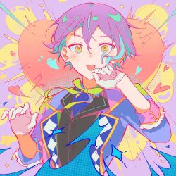 Rule 34 | 1boy, aqua hair, arms up, ben-day dots, black vest, blue shirt, blush, commentary, double-parted bangs, floating hair, frilled sleeves, frills, gag1tdiucvpteok, green ribbon, hair between eyes, heart, highres, jacket, kamishiro rui, lapels, male focus, multicolored hair, neck ribbon, open clothes, open jacket, open mouth, patterned clothing, project sekai, purple background, purple hair, purple jacket, ribbon, sanpaku, screentones, shirt, sleeve cuffs, smile, solo, streaked hair, suit jacket, upper body, vest, yellow eyes