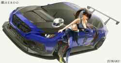 1girl absurdres artist_name azur_lane bare_shoulders black_gloves black_shirt black_tank_top breasts brown_hair car character_name cleavage collarbone commentary crop_top english_commentary formal_clothes full_body gloves hair_ornament hand_on_car hand_on_own_chest helmet highres jumpsuit leaning_forward linea_alba long_hair looking_at_viewer louu_heroo medium_breasts motor_vehicle navel official_alternate_costume open_jumpsuit open_mouth ponytail purple_suit race_vehicle racing_suit shirt single_glove solo standing subaru_(brand) suit sweat tank_top very_long_hair white_background yellow_eyes zuikaku_(azur_lane) zuikaku_(zoom_like_the_wind)_(azur_lane)