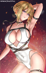 1girl alternate_costume arm_behind_head armband armlet armpits artist_name baileymcpatty bare_arms bare_hips bare_shoulders black_armband black_background black_bow black_choker black_ribbon blonde_hair bow braid breasts cameltoe center_opening chest_harness choker cleavage collarbone commentary covered_navel embers evelyn_chevalier eyelashes groin hair_between_eyes hair_bow hair_ribbon harness head_tilt highleg highleg_leotard highres jewelry large_breasts legs_apart leotard looking_at_viewer mole mole_under_eye nose o-ring o-ring_harness o-ring_thigh_strap parted_lips patreon_username plunging_neckline purple_eyes red_background revealing_clothes ribbon solo sweat thigh_strap thighs toned toned_female turning_head wet white_leotard zenless_zone_zero