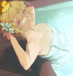 1girl absurdres arms_behind_head blonde_hair breasts cleavage closed_mouth expressionless flower genshin_impact hair_between_eyes hair_flower hair_ornament highres jwuopxx large_breasts looking_at_viewer looking_up lumine_(genshin_impact) naked_towel onsen rubber_duck rubber_duck_hair_ornament short_hair sidelocks solo towel white_flower yellow_eyes
